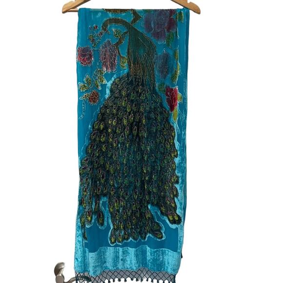 Crushed Velvet Scarf Peacock Shawl Burnout Beaded Bird Shoulder Wrap Teal Blue - Picture 1 of 5